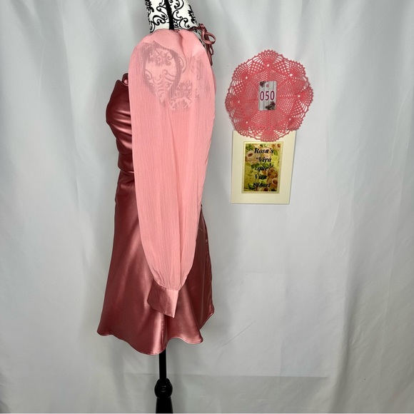 NWT WeWoreWhat Puff Sleeve Crinkle Chiffon Cowl Dress Rosewood Size 2 - Picture 6 of 16